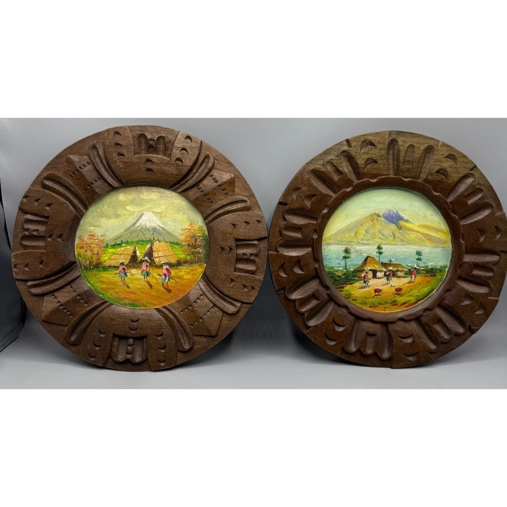 Vintage Hand Carved Wooden Plate Hand Painted Scene Ecuador Lot of 2